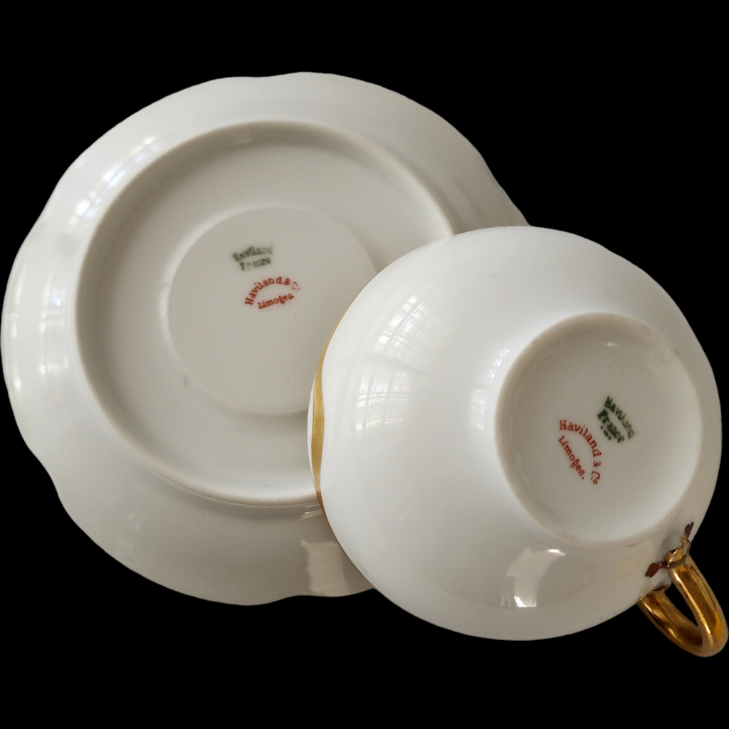 Antique Haviland & Co. Limoges France Cup & Saucer Silver Anniversary White Porcelain Gold Trim Scalloped Rim