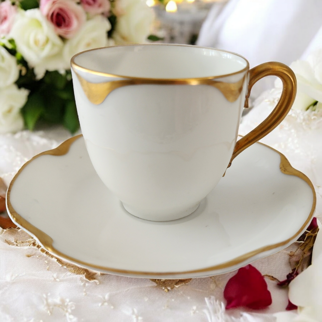 Antique Haviland & Co. Limoges France Flat Demitasse Cup & Saucer Set Silver Anniversary White Porcelain Gold Trim Scalloped Rim