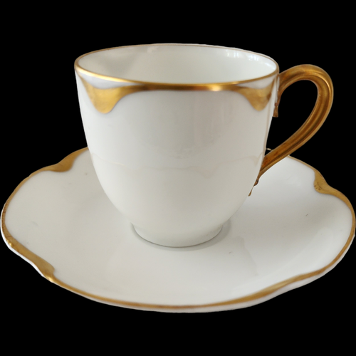 Antique Haviland & Co. Limoges France Flat Demitasse Cup & Saucer Set Silver Anniversary White Porcelain Gold Trim Scalloped Rim