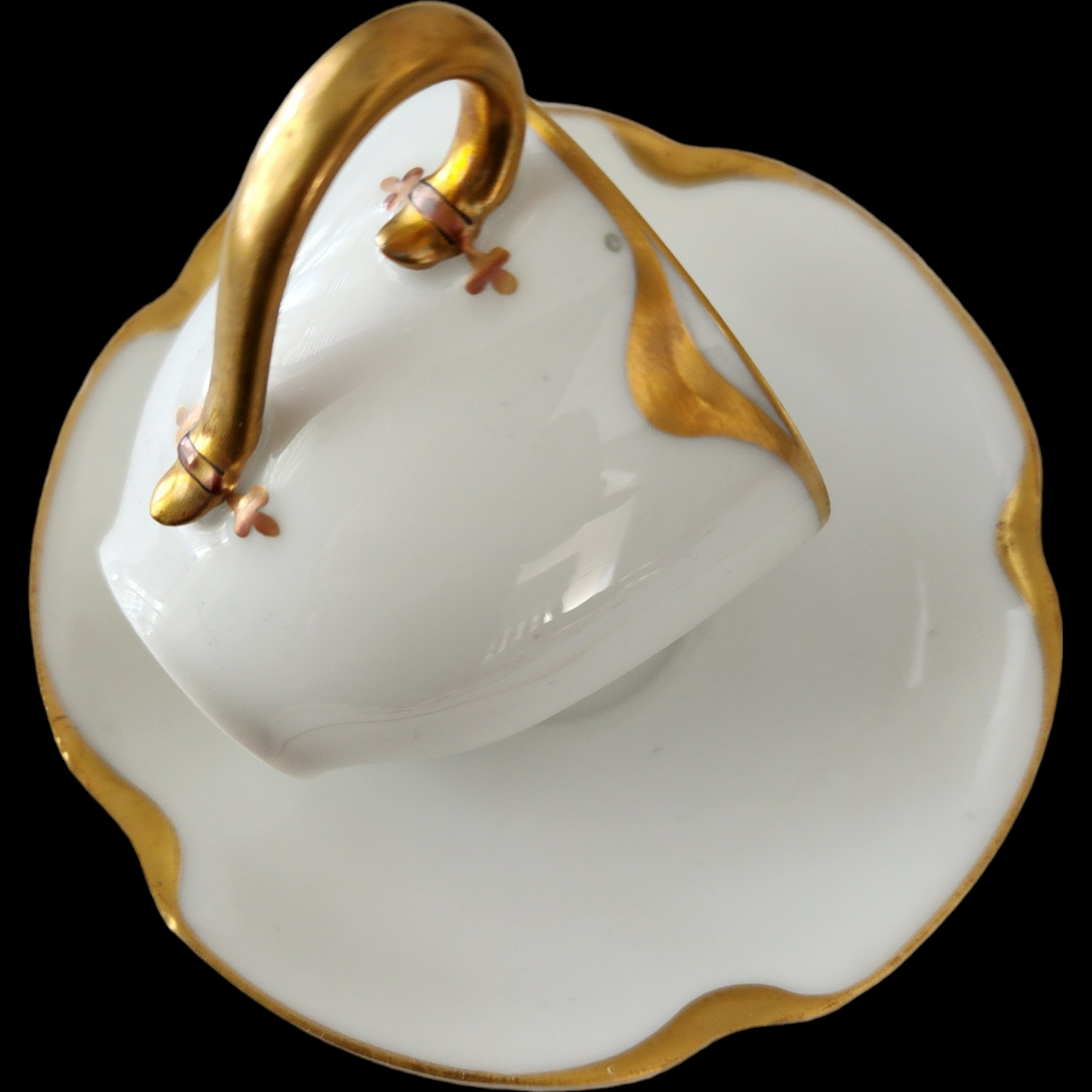 Antique Haviland & Co. Limoges France Flat Demitasse Cup & Saucer Set Silver Anniversary White Porcelain Gold Trim Scalloped Rim