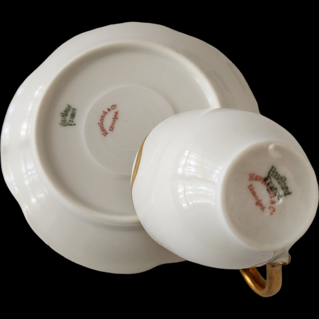 Antique Haviland & Co. Limoges France Flat Demitasse Cup & Saucer Set Silver Anniversary White Porcelain Gold Trim Scalloped Rim