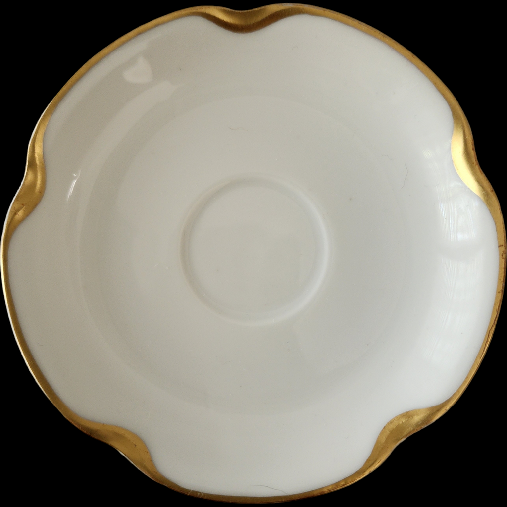 Antique Haviland & Co. Limoges France Flat Demitasse Cup & Saucer Set Silver Anniversary White Porcelain Gold Trim Scalloped Rim