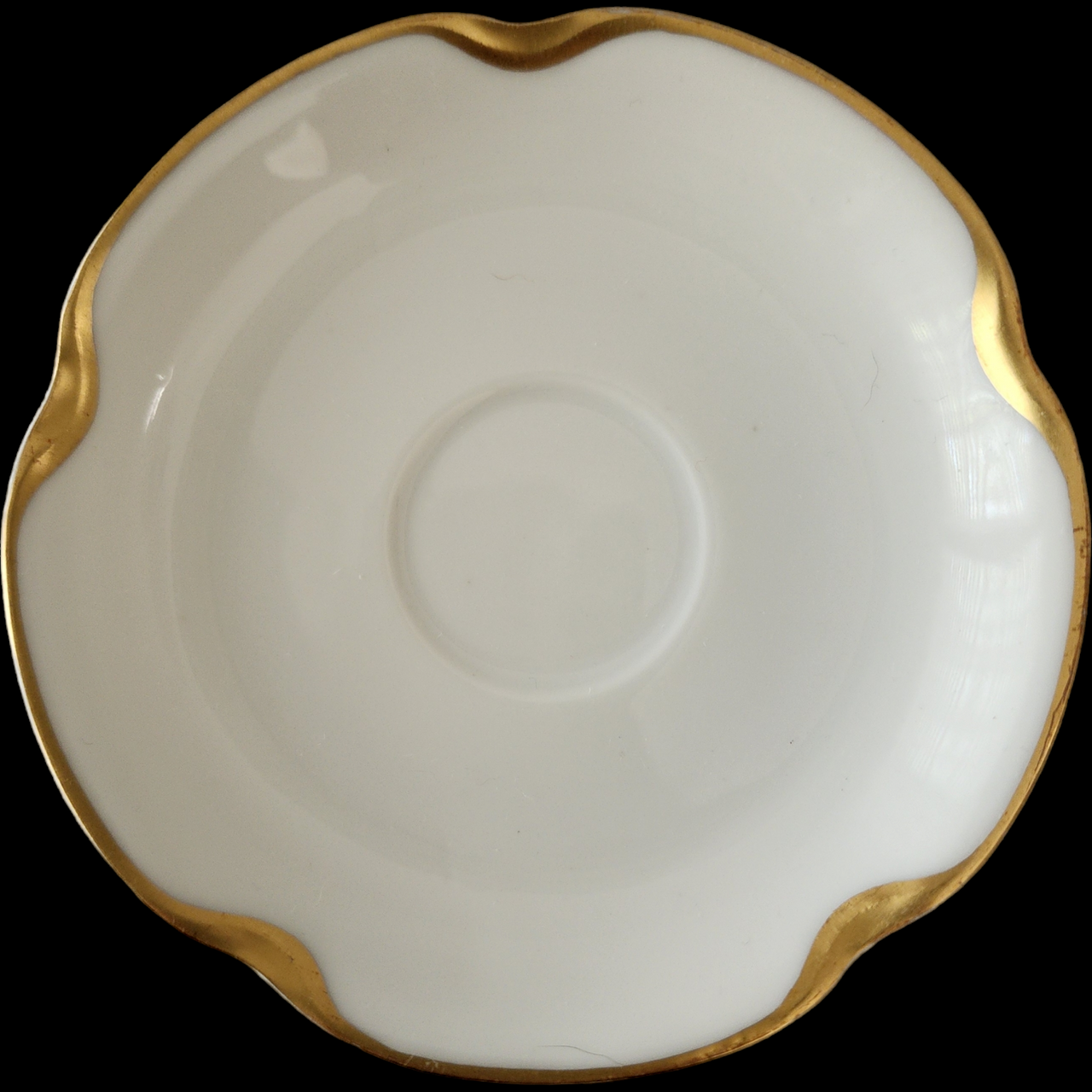 Antique Haviland & Co. Limoges France Flat Demitasse Cup & Saucer Set Silver Anniversary White Porcelain Gold Trim Scalloped Rim