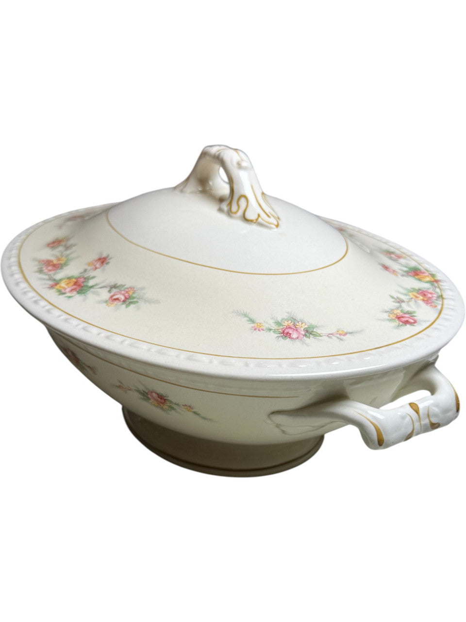 Antique Homer Laughlin Covered Soup Tureen Floral Rose Pattern Porcelain Serving Dish with Lid Gold Trim USA c.1900s