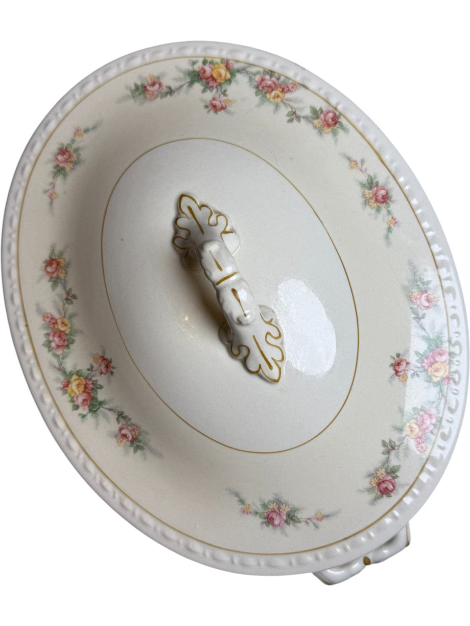 Antique Homer Laughlin Covered Soup Tureen Floral Rose Pattern Porcelain Serving Dish with Lid Gold Trim USA c.1900s