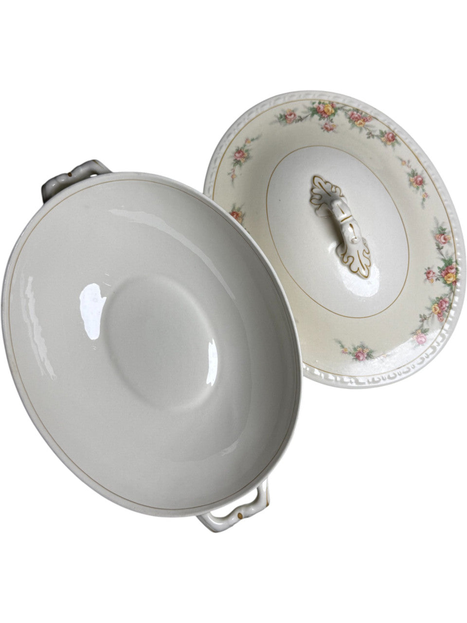 Antique Homer Laughlin Covered Soup Tureen Floral Rose Pattern Porcelain Serving Dish with Lid Gold Trim USA c.1900s