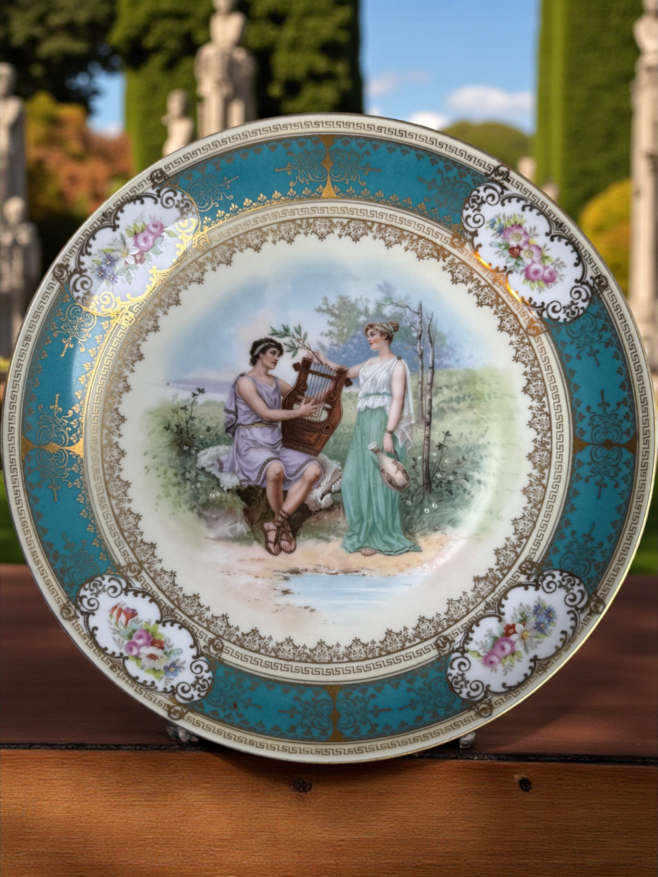 Antique Imperial Crown China Austria Cabinet Plate Hand Painted Victorian Classical Scene with Turquoise & Gold Gilt Collectible Porcelain c.1890s–1910s