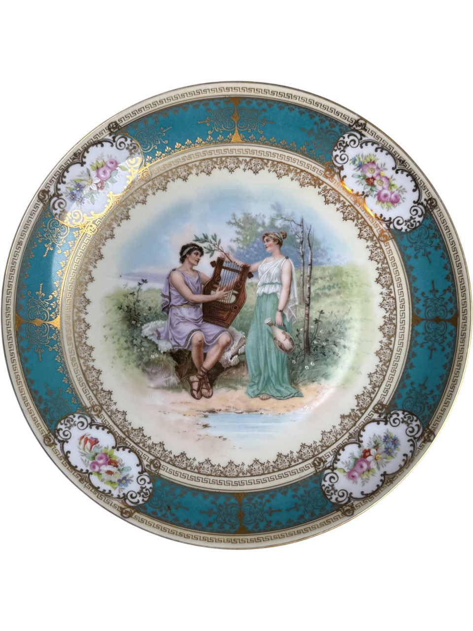 Antique Imperial Crown China Austria Cabinet Plate Hand Painted Victorian Classical Scene with Turquoise & Gold Gilt Collectible Porcelain c.1890s–1910s