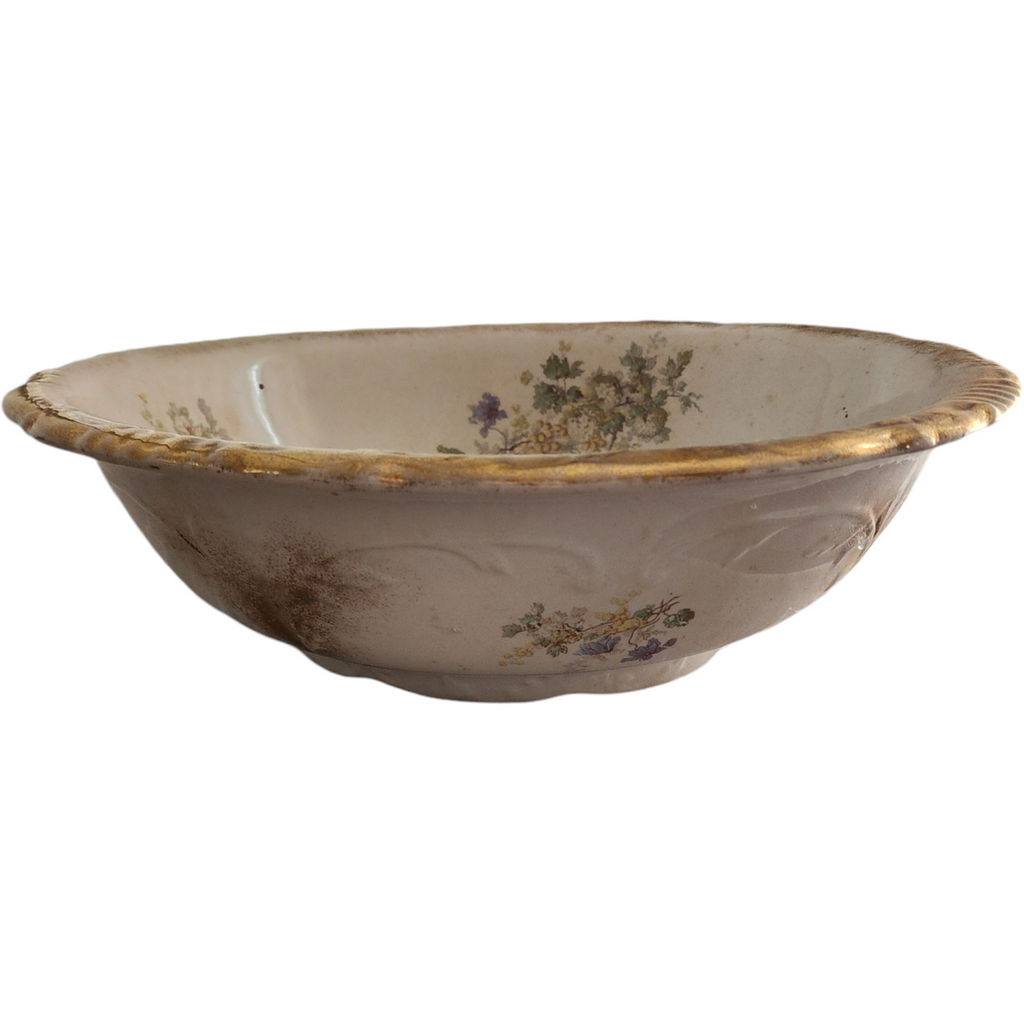 Antique Ironstone Pitcher & Mismatching Wash Basin Set Violet Floral Transferware with Gold Trim  Anchor Pottery, Trenton NJ (Early 1900s)
