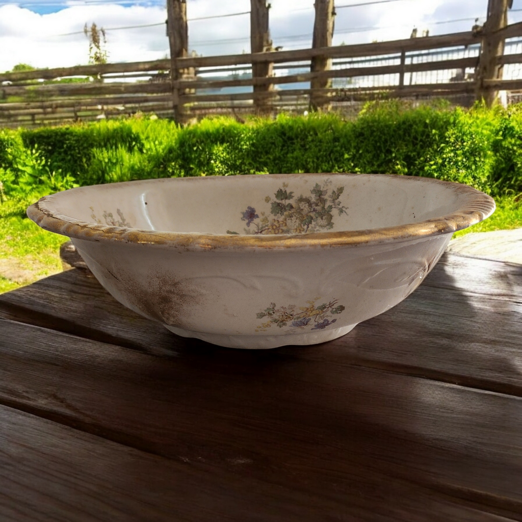 Antique Ironstone Pitcher & Mismatching Wash Basin Set Violet Floral Transferware with Gold Trim  Anchor Pottery, Trenton NJ (Early 1900s)