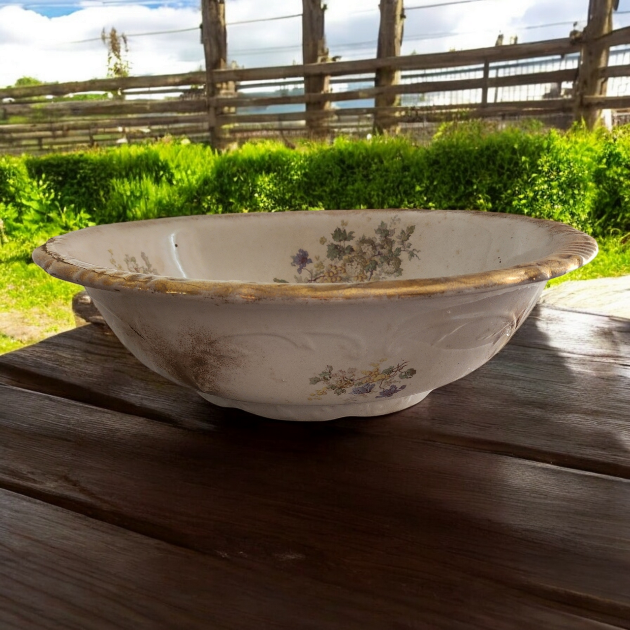 Antique Ironstone Pitcher & Mismatching Wash Basin Set Violet Floral Transferware with Gold Trim  Anchor Pottery, Trenton NJ (Early 1900s)