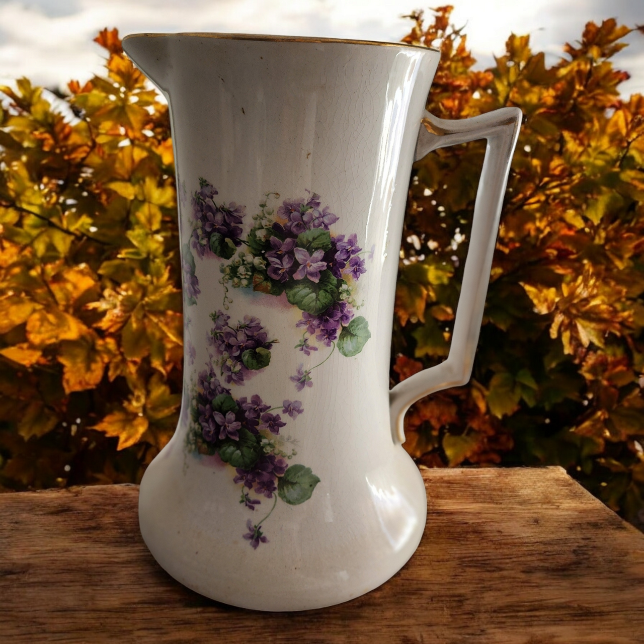Antique Ironstone Pitcher & Mismatching Wash Basin Set Violet Floral Transferware with Gold Trim  Anchor Pottery, Trenton NJ (Early 1900s)