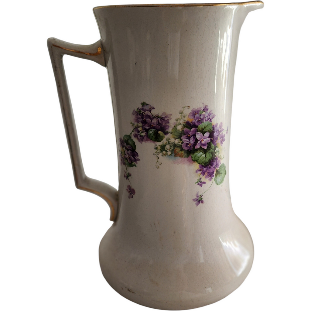 Antique Ironstone Pitcher & Mismatching Wash Basin Set Violet Floral Transferware with Gold Trim  Anchor Pottery, Trenton NJ (Early 1900s)