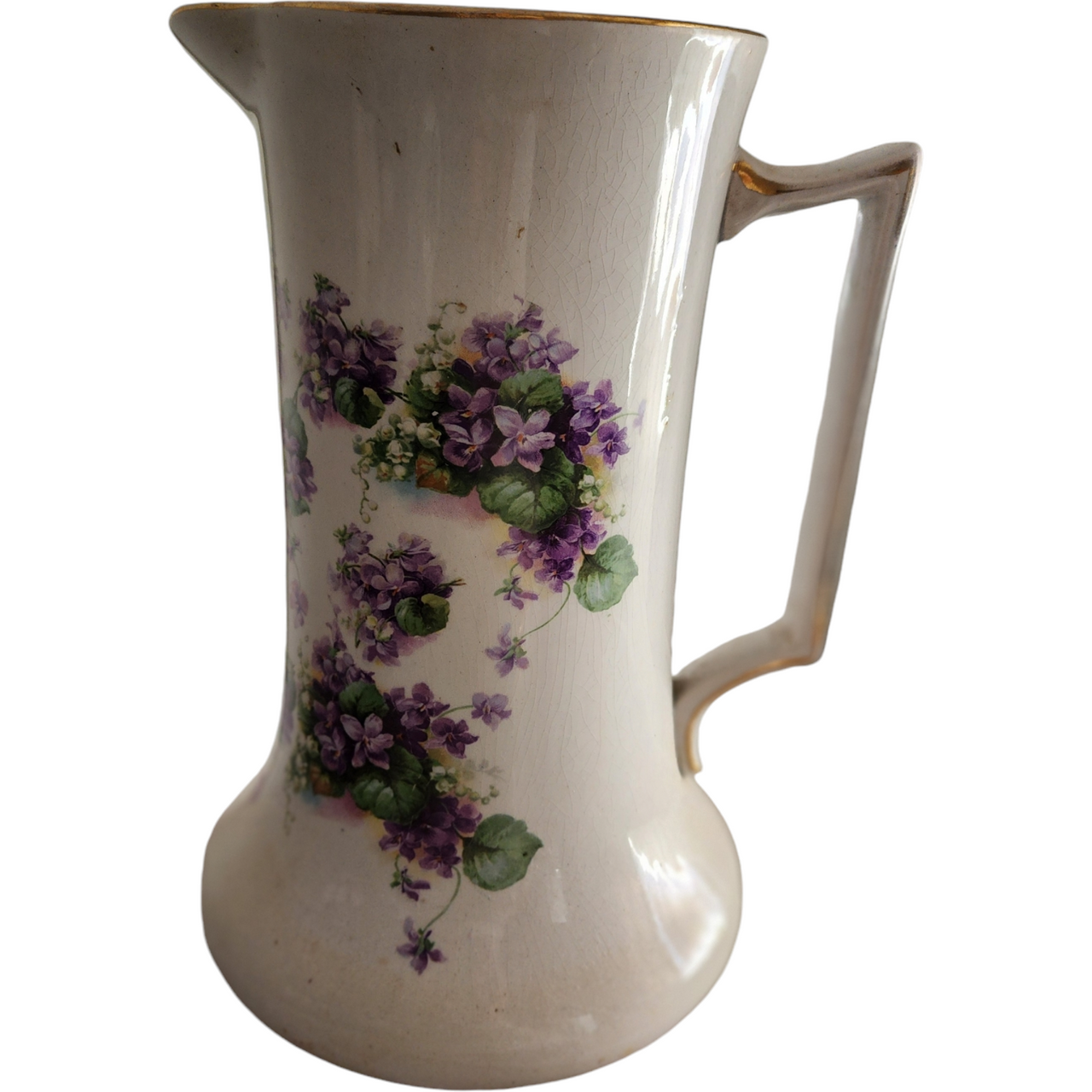 Antique Ironstone Pitcher & Mismatching Wash Basin Set Violet Floral Transferware with Gold Trim  Anchor Pottery, Trenton NJ (Early 1900s)