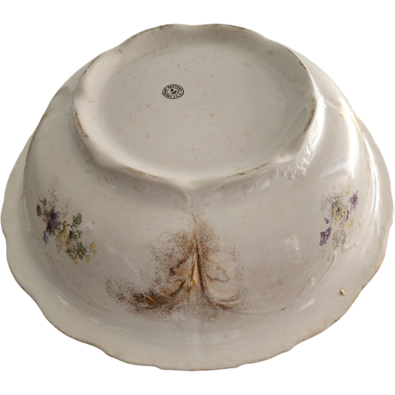 Antique Ironstone Pitcher & Mismatching Wash Basin Set Violet Floral Transferware with Gold Trim  Anchor Pottery, Trenton NJ (Early 1900s)