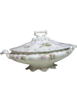 Antique J&G Meakin Hanley England Covered Vegetable Tureen Floral & Gold Scroll Ironstone Serving Dish (c.1890–1910)