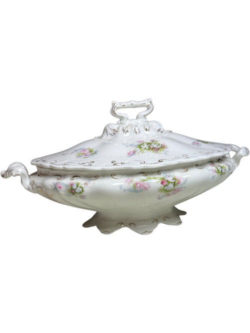Antique J&G Meakin Hanley England Covered Vegetable Tureen Floral & Gold Scroll Ironstone Serving Dish (c.1890–1910)