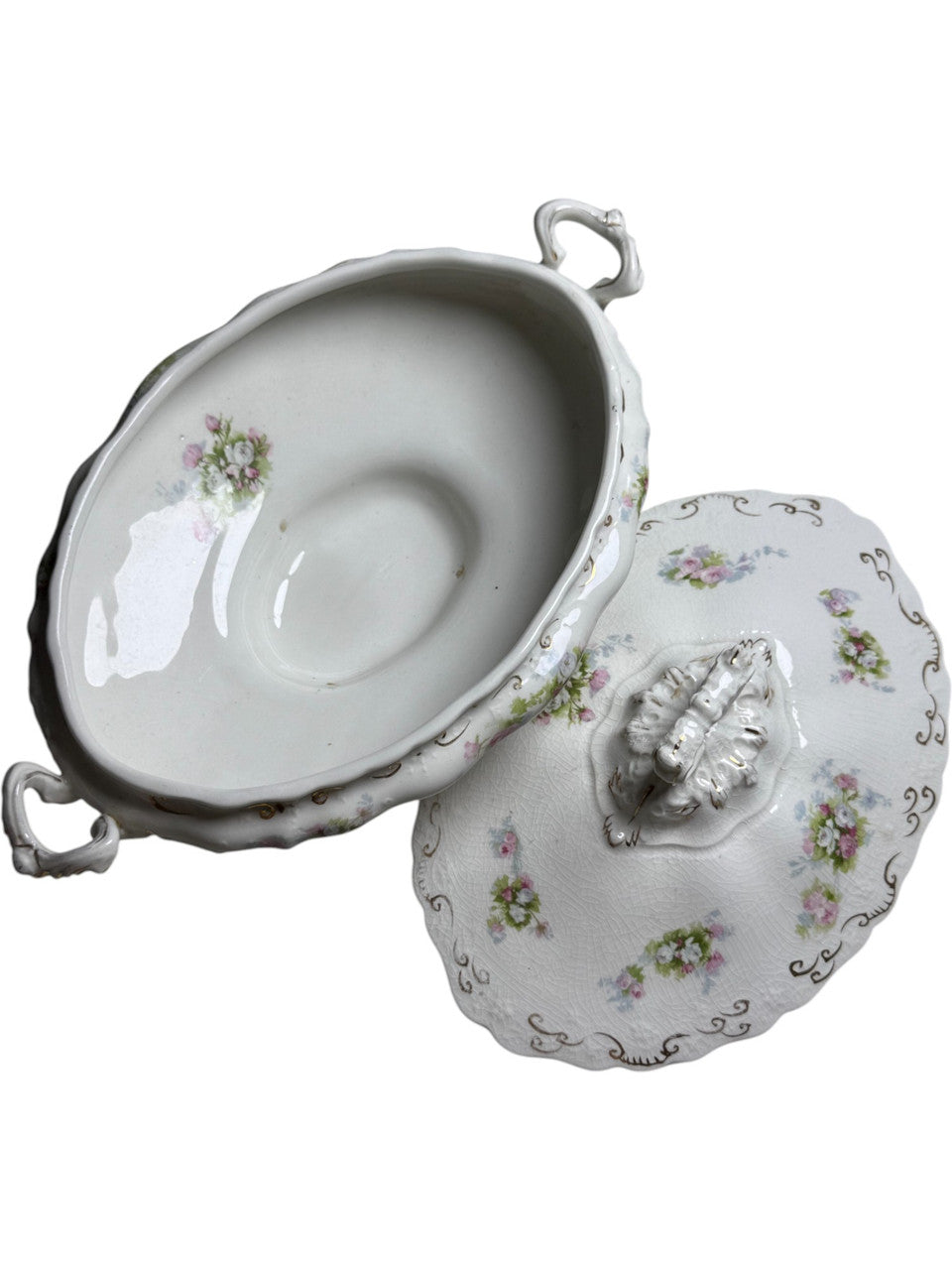 Antique J&G Meakin Hanley England Covered Vegetable Tureen Floral & Gold Scroll Ironstone Serving Dish (c.1890–1910)