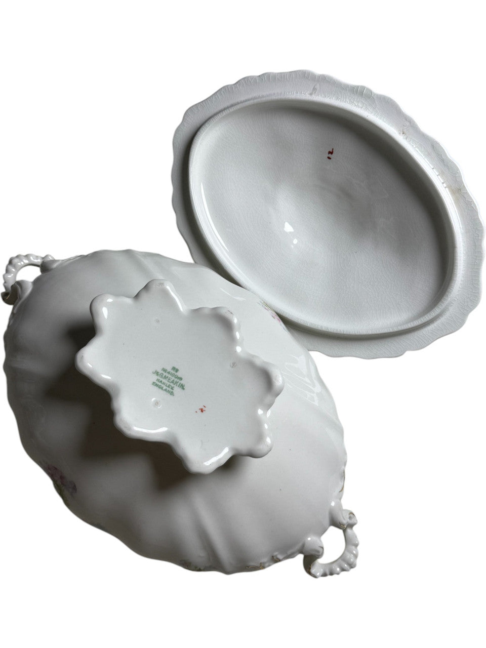 Antique J&G Meakin Hanley England Covered Vegetable Tureen Floral & Gold Scroll Ironstone Serving Dish (c.1890–1910)