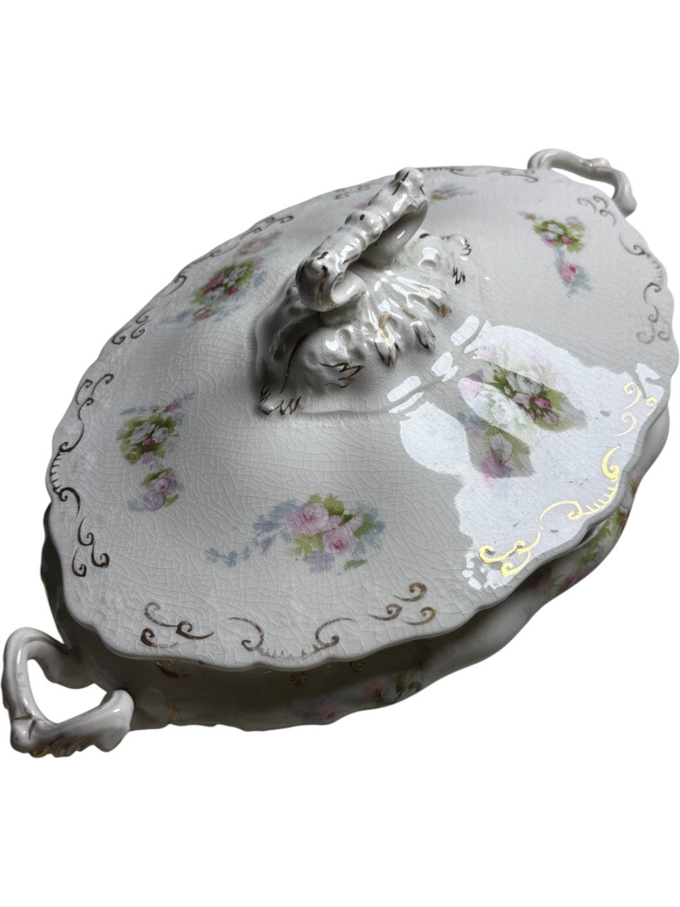 Antique J&G Meakin Hanley England Covered Vegetable Tureen Floral & Gold Scroll Ironstone Serving Dish (c.1890–1910)