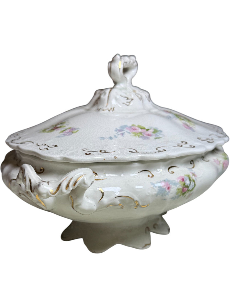Antique J&G Meakin Hanley England Covered Vegetable Tureen Floral & Gold Scroll Ironstone Serving Dish (c.1890–1910)