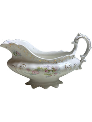 Antique J&G Meakin Hanley England Gravy Boat Floral & Gold Scroll Victorian Style 19th Century Ironstone