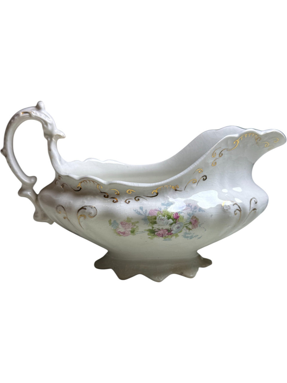 Antique J&G Meakin Hanley England Gravy Boat Floral & Gold Scroll Victorian Style 19th Century Ironstone