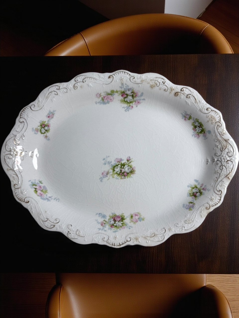 12" Antique J&G Meakin Hanley England Oval Serving Platter Floral Pink Rose Pattern with Gold Trim 19th Century Ironstone
