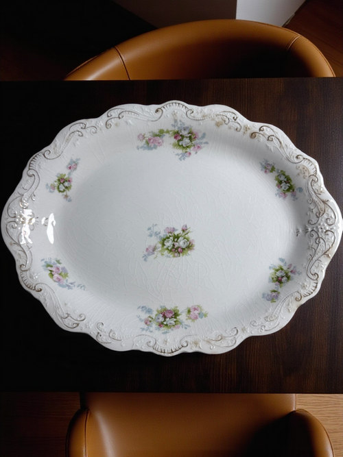 12" Antique J&G Meakin Hanley England Oval Serving Platter Floral Pink Rose Pattern with Gold Trim 19th Century Ironstone