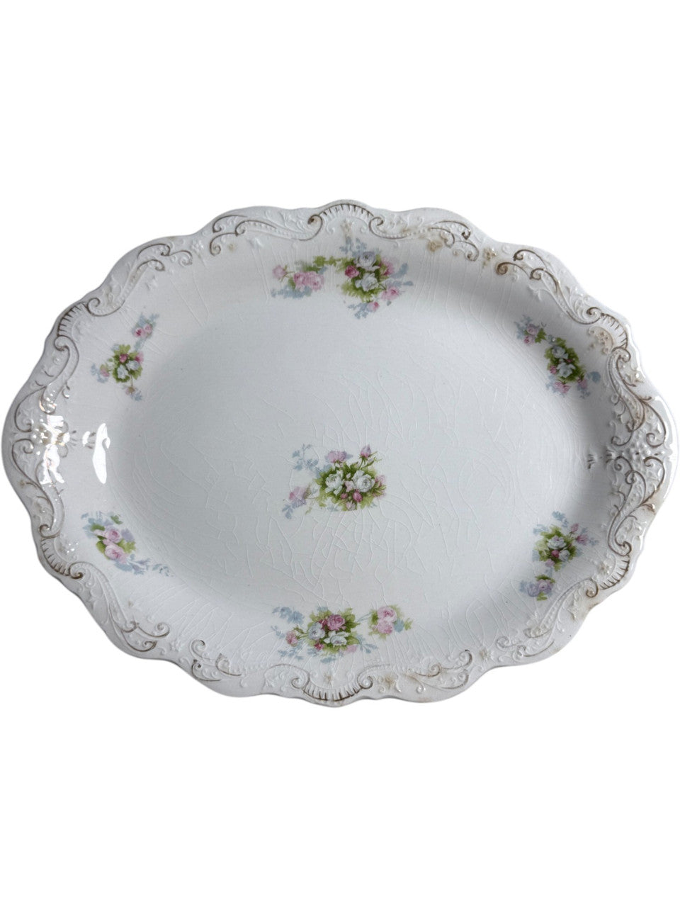 12" Antique J&G Meakin Hanley England Oval Serving Platter Floral Pink Rose Pattern with Gold Trim 19th Century Ironstone