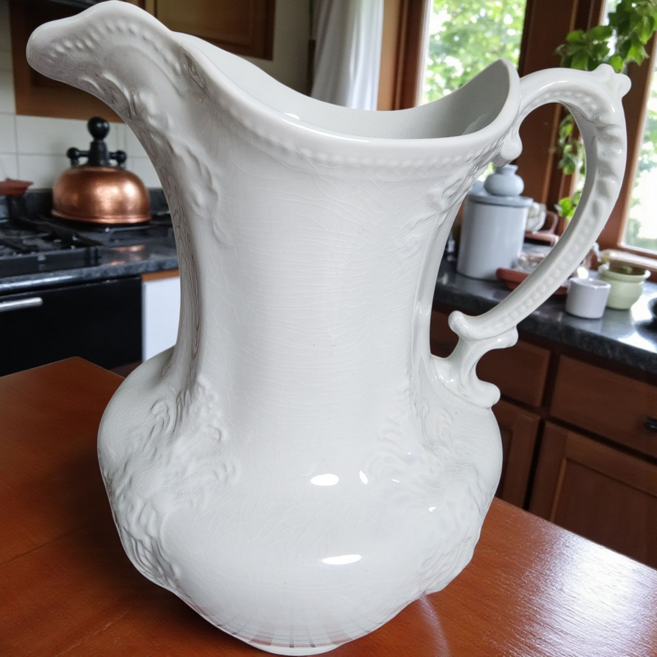 Antique J & G Meakin Ironstone White Pitcher Embossed Victorian Style Jug Staffordshire England 19th Century
