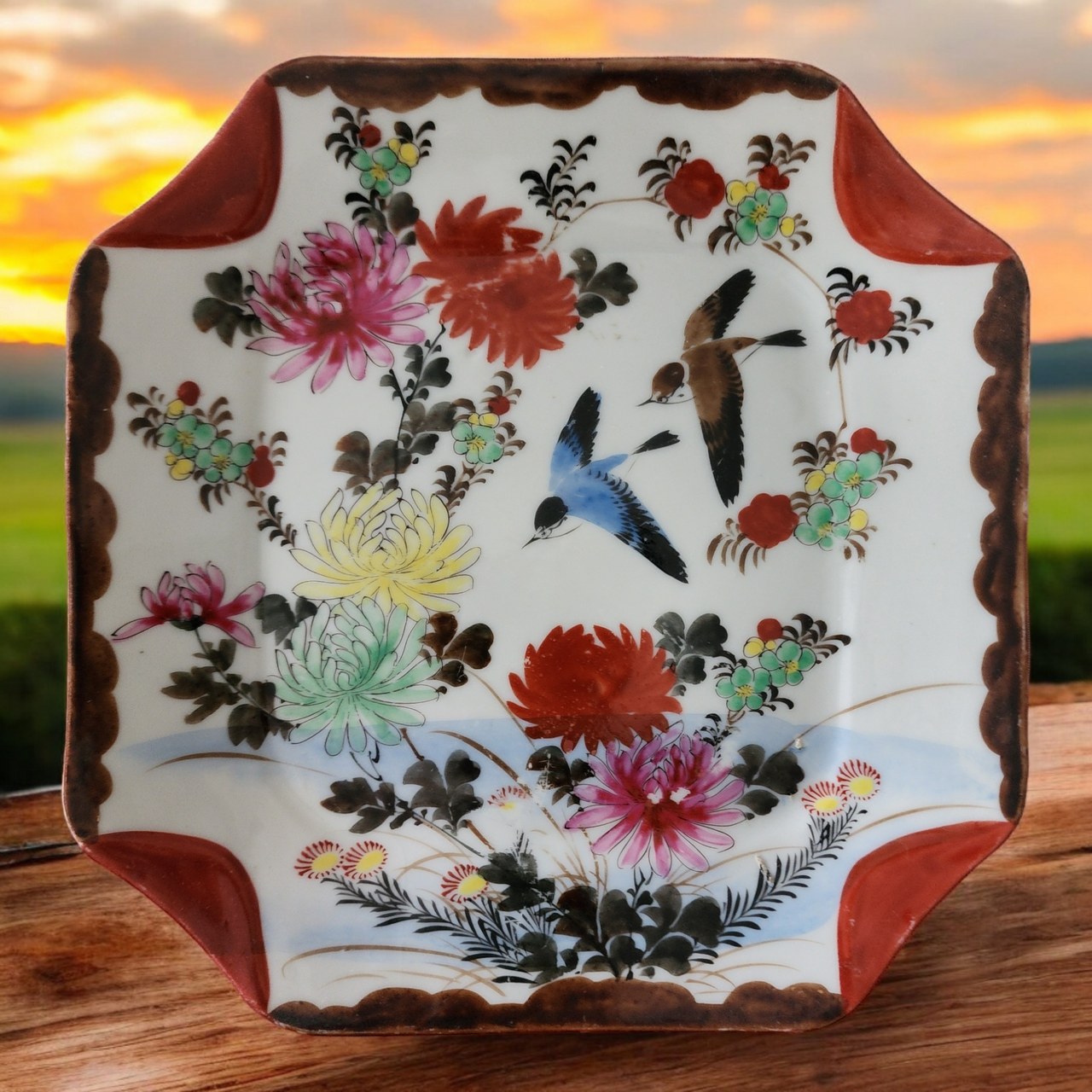 Antique Imari Style Octagonal Porcelain Plate Hand Painted Birds & Chrysanthemums 19th Century Asian Export