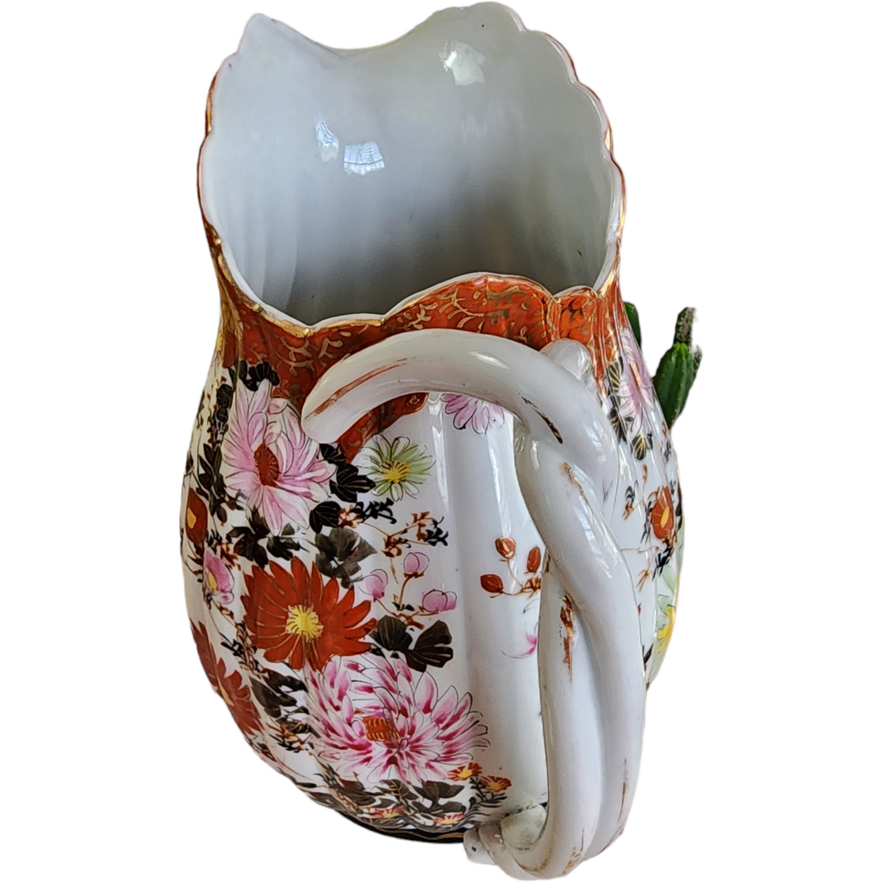 Antique Japanese Hand Painted Ribbed Pitcher