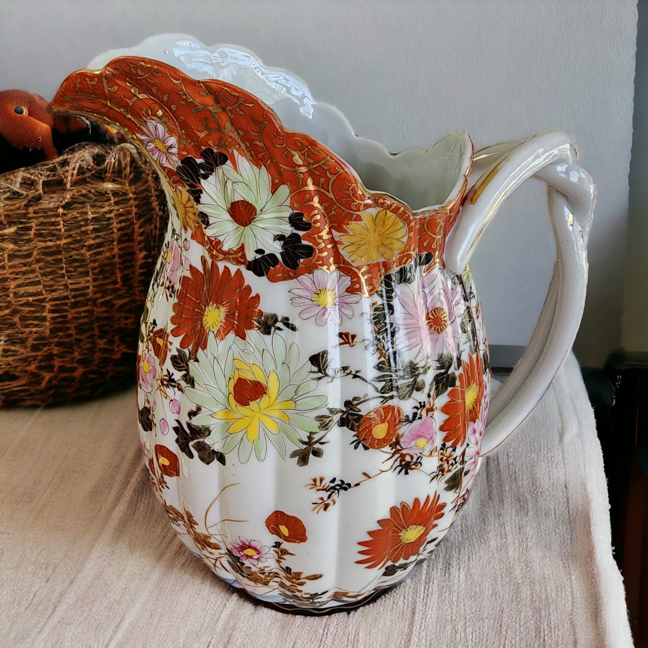Antique Japanese Hand Painted Ribbed Pitcher