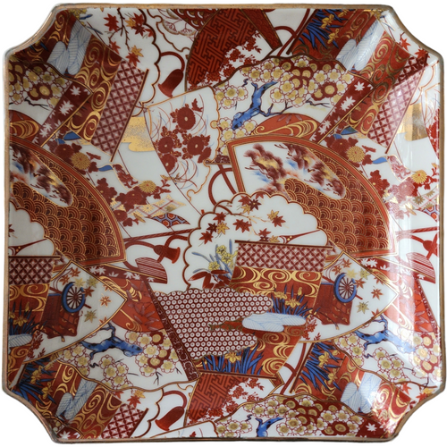 Antique Japanese Imari Octagonal Bowl  Hand Painted Porcelain Meiji Era Red Blue Gold Kutani Style Patchwork Design