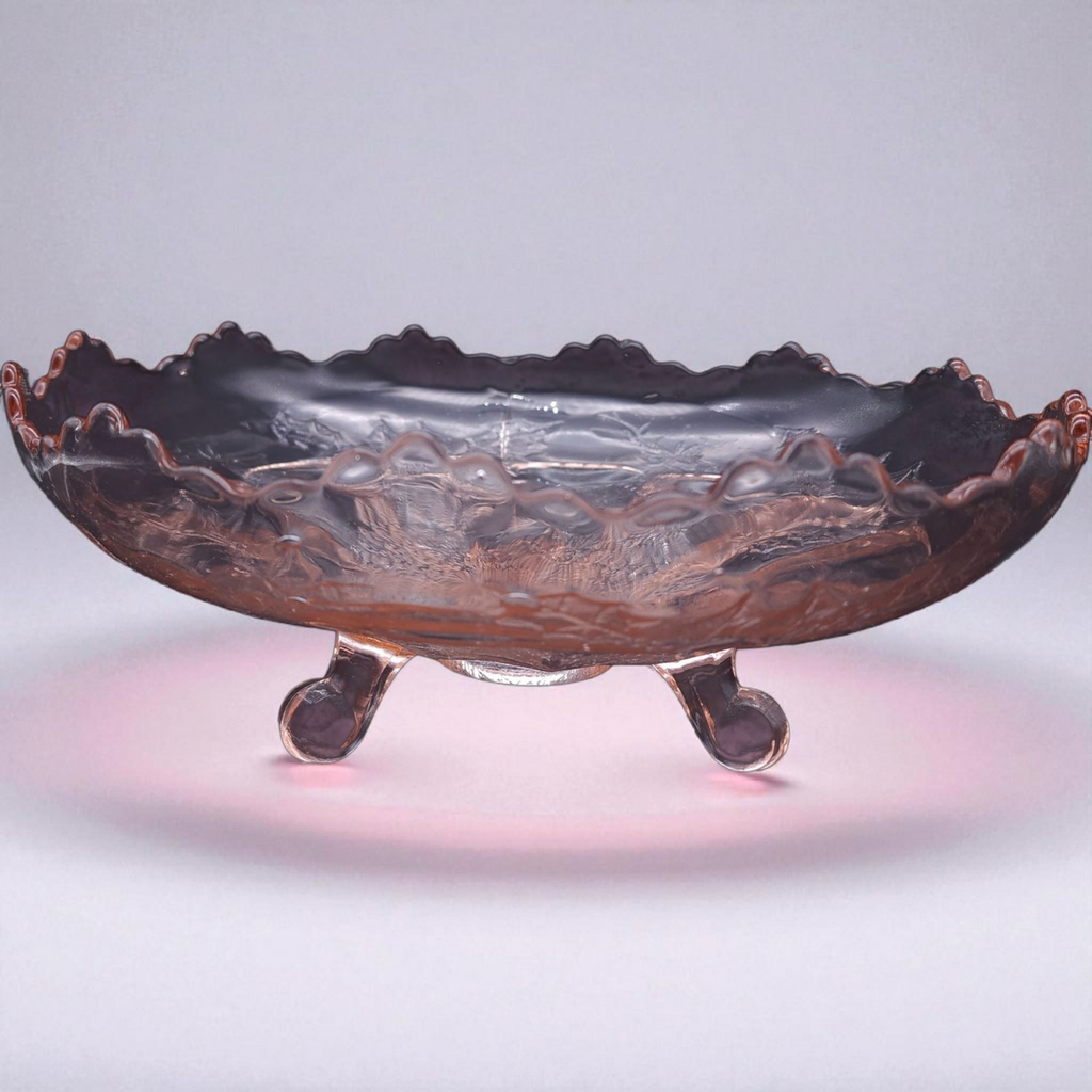 Antique Jeannette Glass Co. Stag and Holly Pink Depression Glass 10 3-Toed Footed Bow 1930s