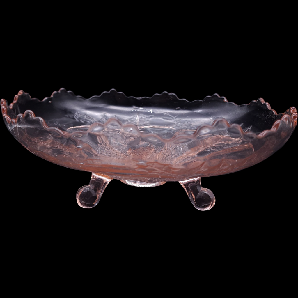 Antique Jeannette Glass Co. Stag and Holly Pink Depression Glass 10 3-Toed Footed Bow 1930s