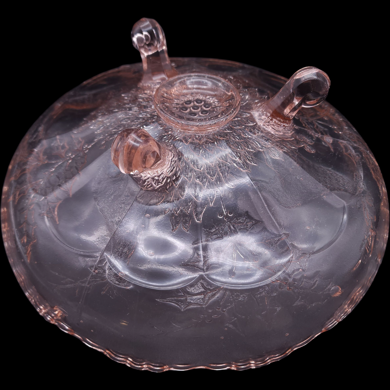 Antique Jeannette Glass Co. Stag and Holly Pink Depression Glass 10 3-Toed Footed Bow 1930s