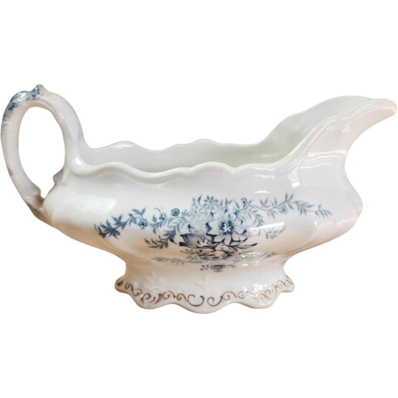 Antique John Maddock & Sons Royal Semi-Porcelain Blue Floral Gravy Boat England c.1896–1906