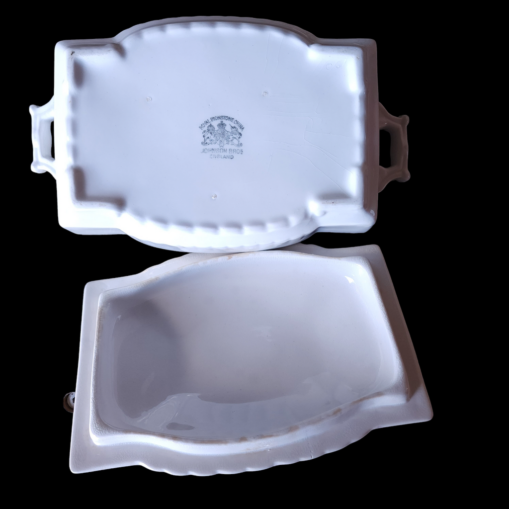 Antique Johnson Bros England White Ironstone Covered Casserole Tureen Bowl Dish