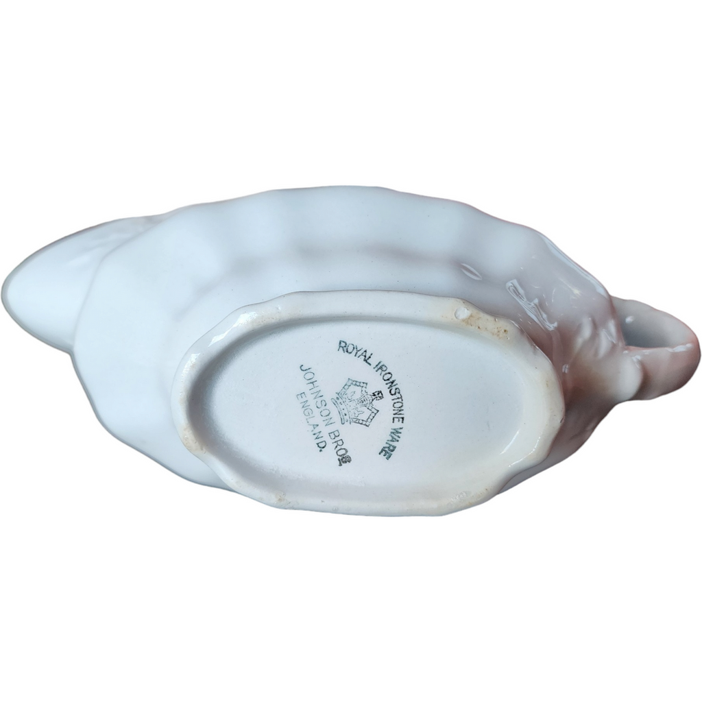 Antique Johnson Bros England White Ironstone Embossed Scrolls Gravy Boat