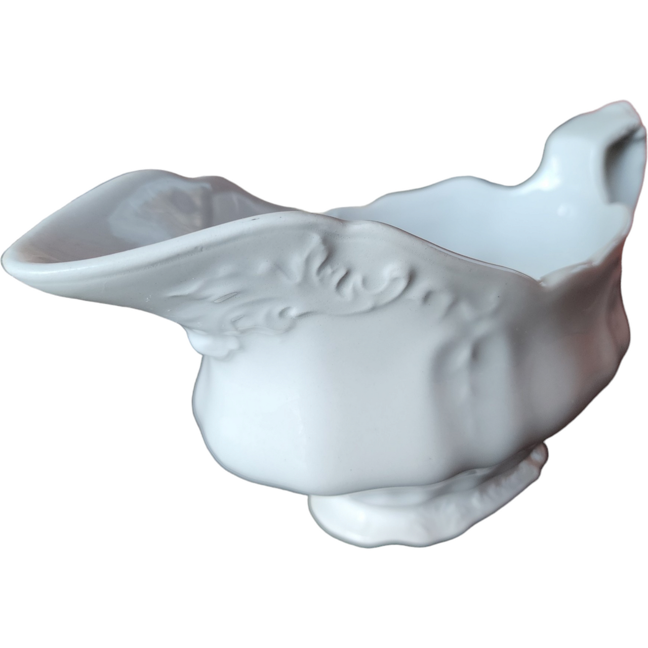 Antique Johnson Bros England White Ironstone Embossed Scrolls Gravy Boat