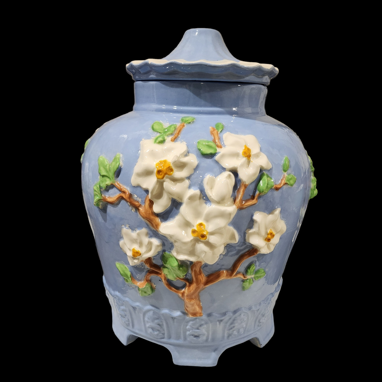 Antique Large Barbotine Majolica French Jar with Lid Vase