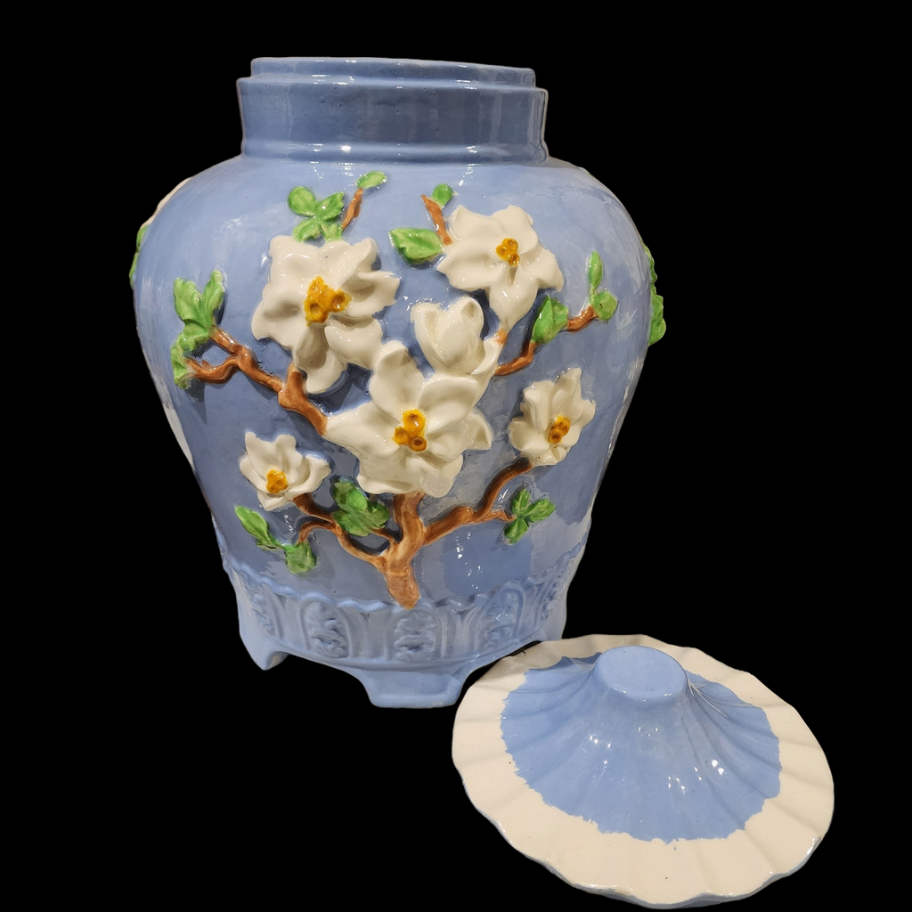 Antique Large Barbotine Majolica French Jar with Lid Vase