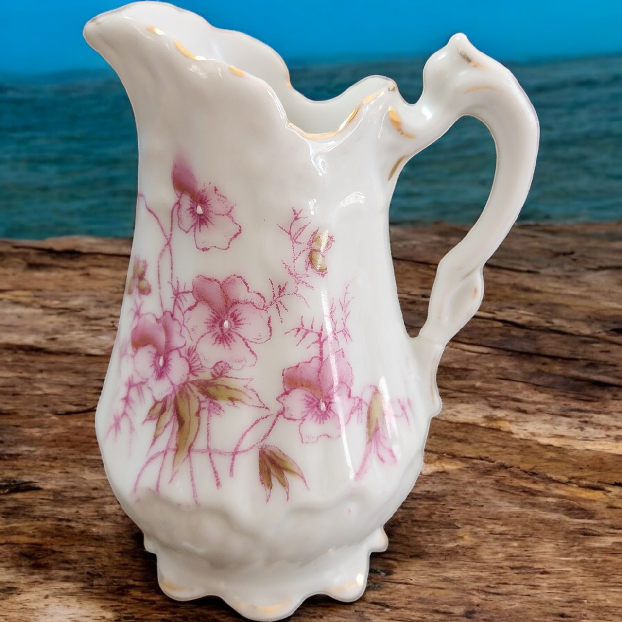 Antique Miniature Pink Floral Porcelain Pitcher with Gold Trim