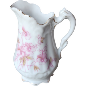 Antique Miniature Pink Floral Porcelain Pitcher with Gold Trim