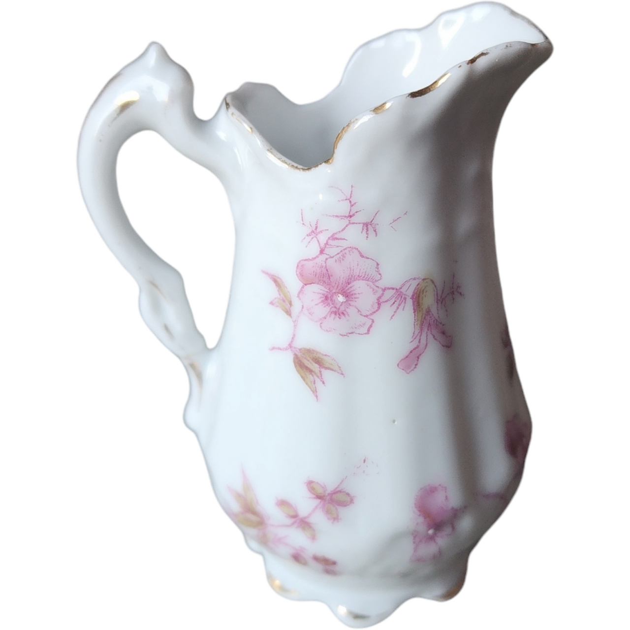 Antique Miniature Pink Floral Porcelain Pitcher with Gold Trim