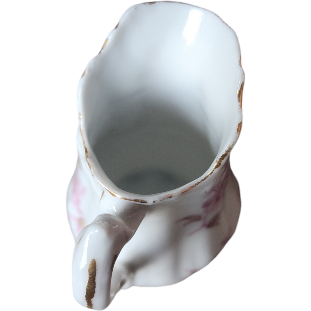 Antique Miniature Pink Floral Porcelain Pitcher with Gold Trim