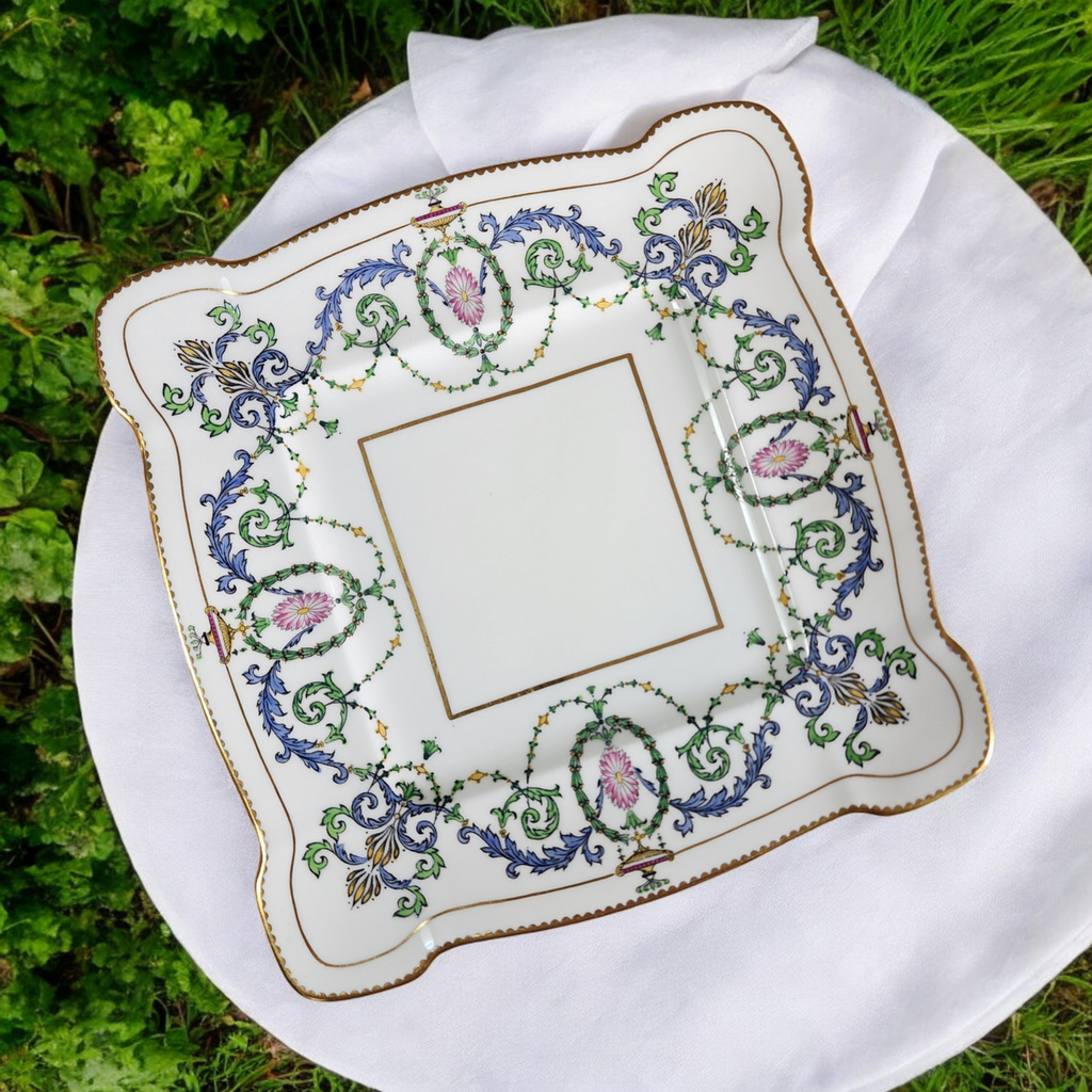 Antique Minton Square Serving Plate Hand Painted Neoclassical Garland Pattern, Rd No. 606547 (1913)