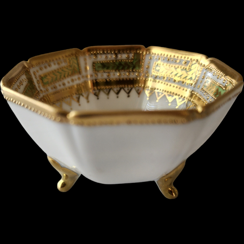 Antique Nippon Hand Painted Nut Bowl RG Mark, Gold Beading & Green Greek Key, Circa 1910s